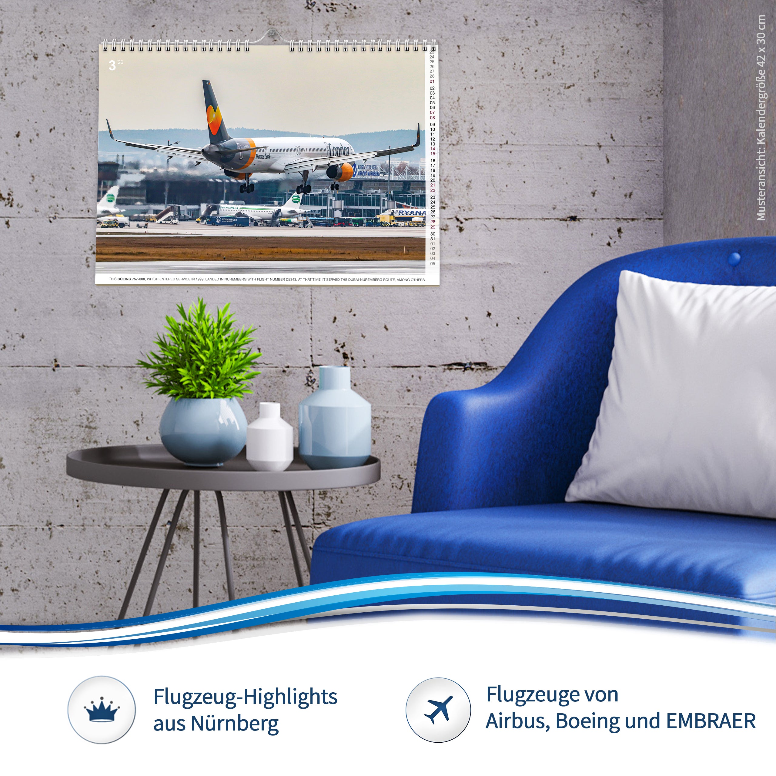Flugzeugkalender Civil Aviation 2026 Airport Nürnberg NUE EDDN - A3 Wandkalender