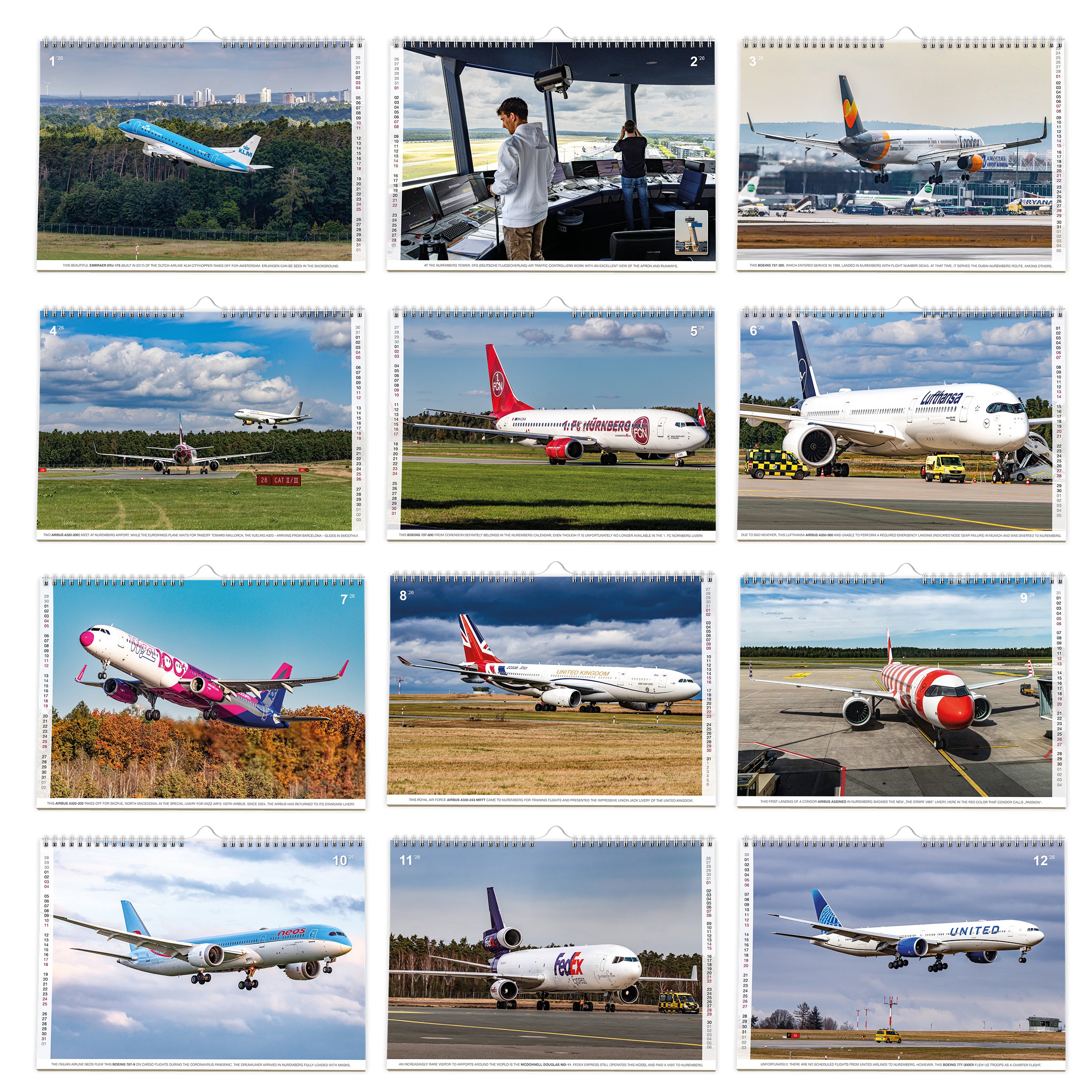 Flugzeugkalender Civil Aviation 2026 Airport Nürnberg NUE EDDN - A3 Wandkalender